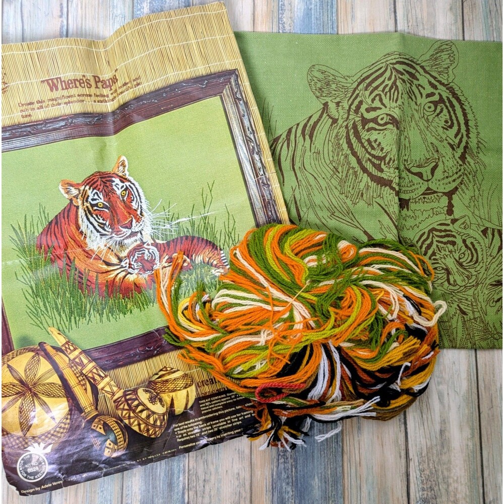Vintage Paragon Crewel Embroidery Kit Tiger Cub Where’s Papa #0524 1977